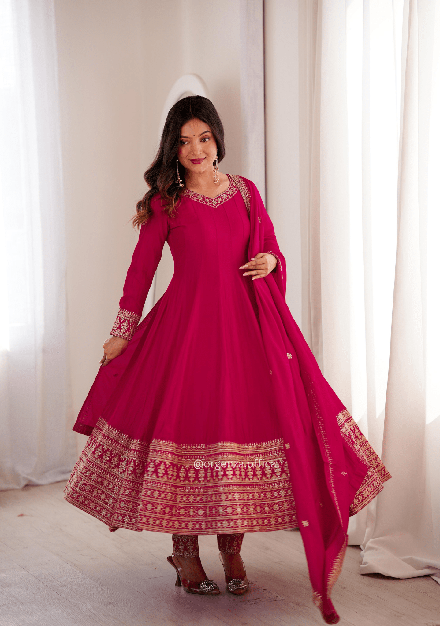 Pure Blooming Vichitra Silk Anarkali Gown Set with Dupatta & Pant - Orgenza Store