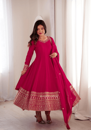 Pure Blooming Vichitra Silk Anarkali Gown Set with Dupatta & Pant - Orgenza Store - digisoch