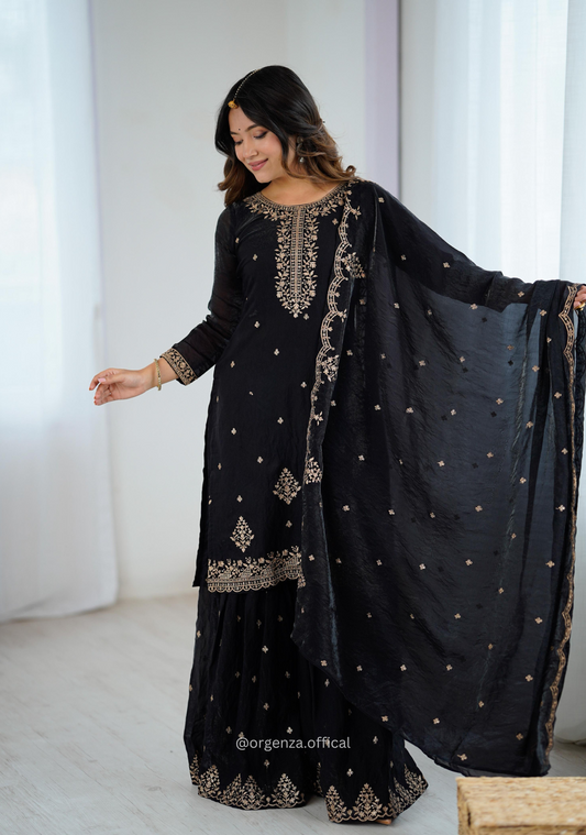 Black Colour Crunchy Silk Fabric Kediya Kurta With Dupatta Set