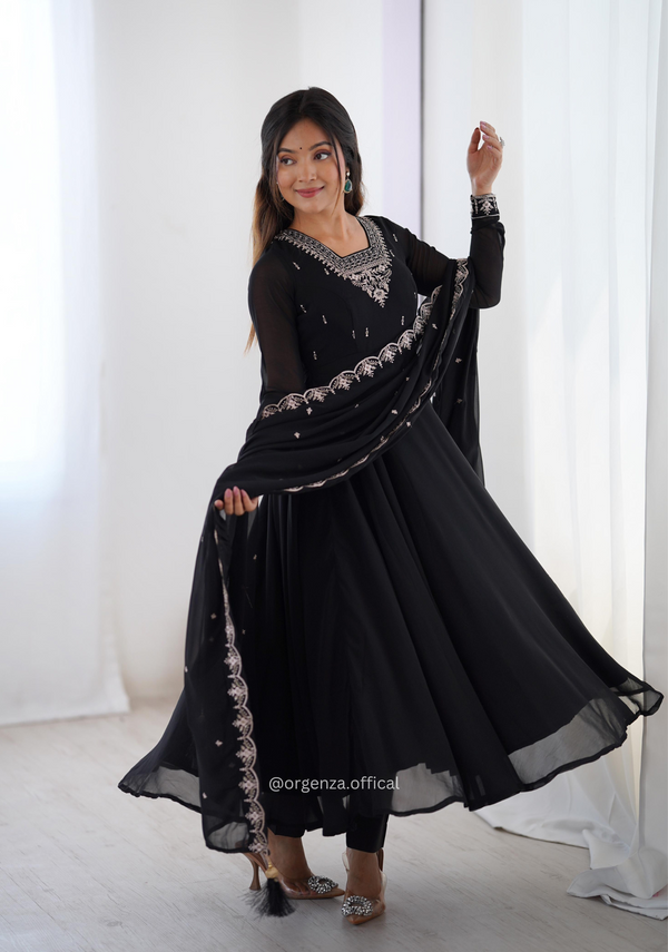 Black Colour Georgette Anarkali With Dupatta And Pant