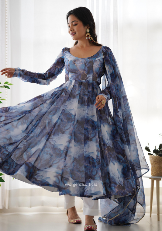 Grey Colour Organza Silk Marble Print Anarkali Kurtis