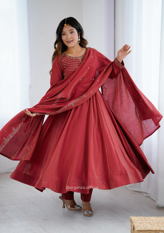 Maroon Colour Roman Shimmer Chanderi Silk Anarkali Kurti