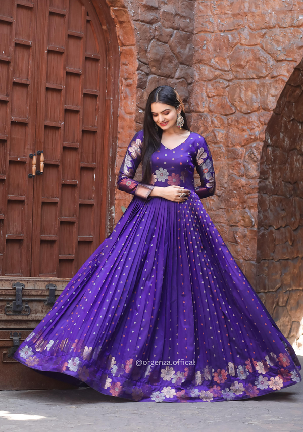 Soft Silk Copper And Gold Zari Weaving Gown