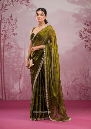 Mehndi Green Colour Jimmy Choo Saree With Mirror Work - Orgenza Store