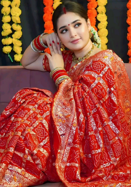 Karwachoth Special viscose Meenakari Bandhej Saree