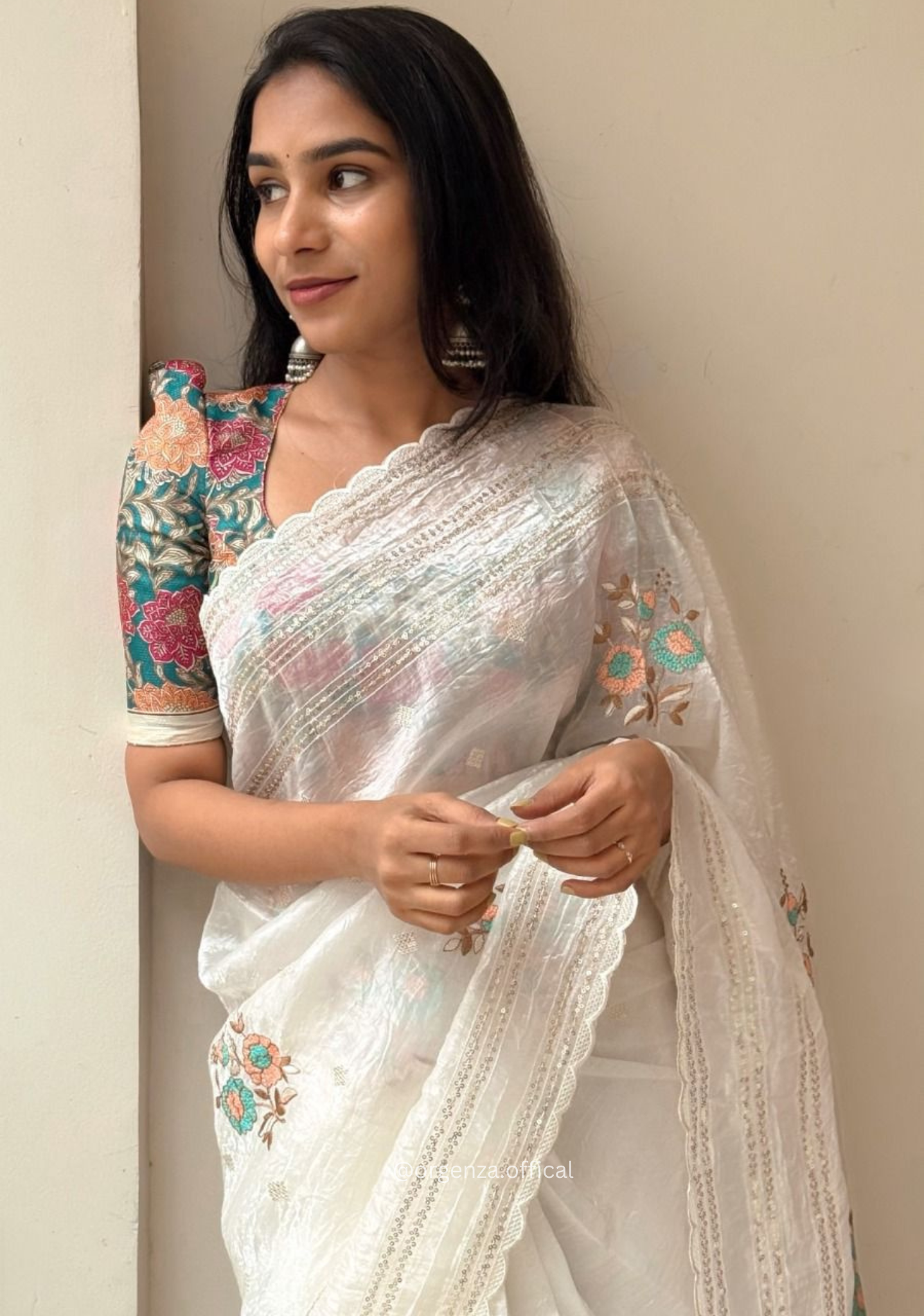 White Colour Crush Organza Saree