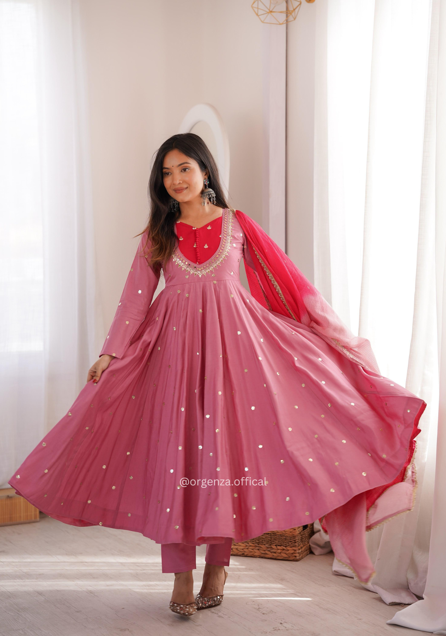 Roman Silk Mirror Work Anarkali Suit Set