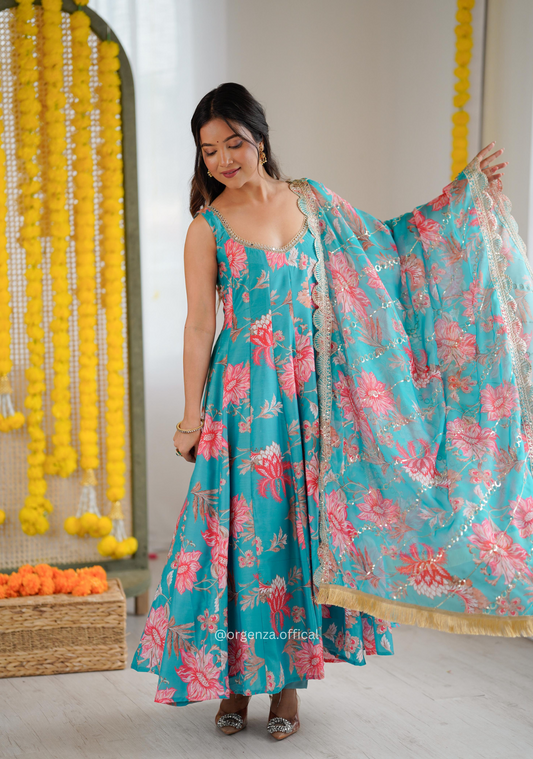 Rama Blue Colour Muslin Floral Print Anarkali Kurtis