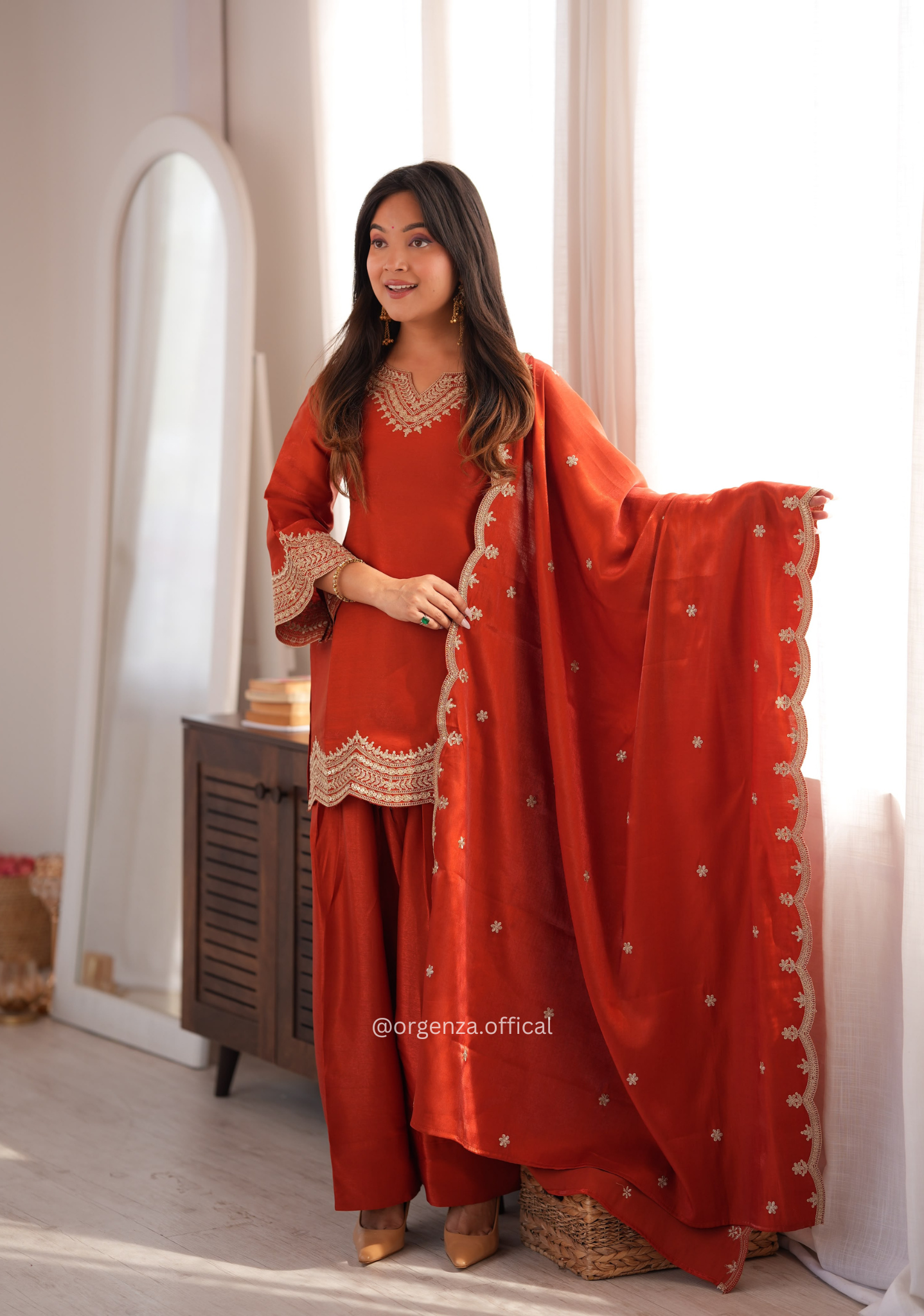 Rust Orange Glass Roman Silk Farshi Shalwar Suit Set