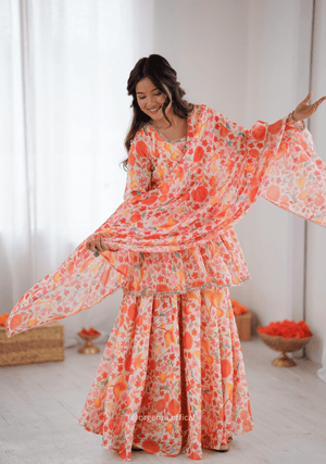 Orange Multi Colour Organza Kediya Type Kurti With Palazzo Set - Orgenza Store - digisoch