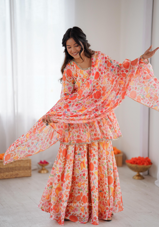 Orange Multi Colour Organza Kediya Type Kurti With Palazzo Set