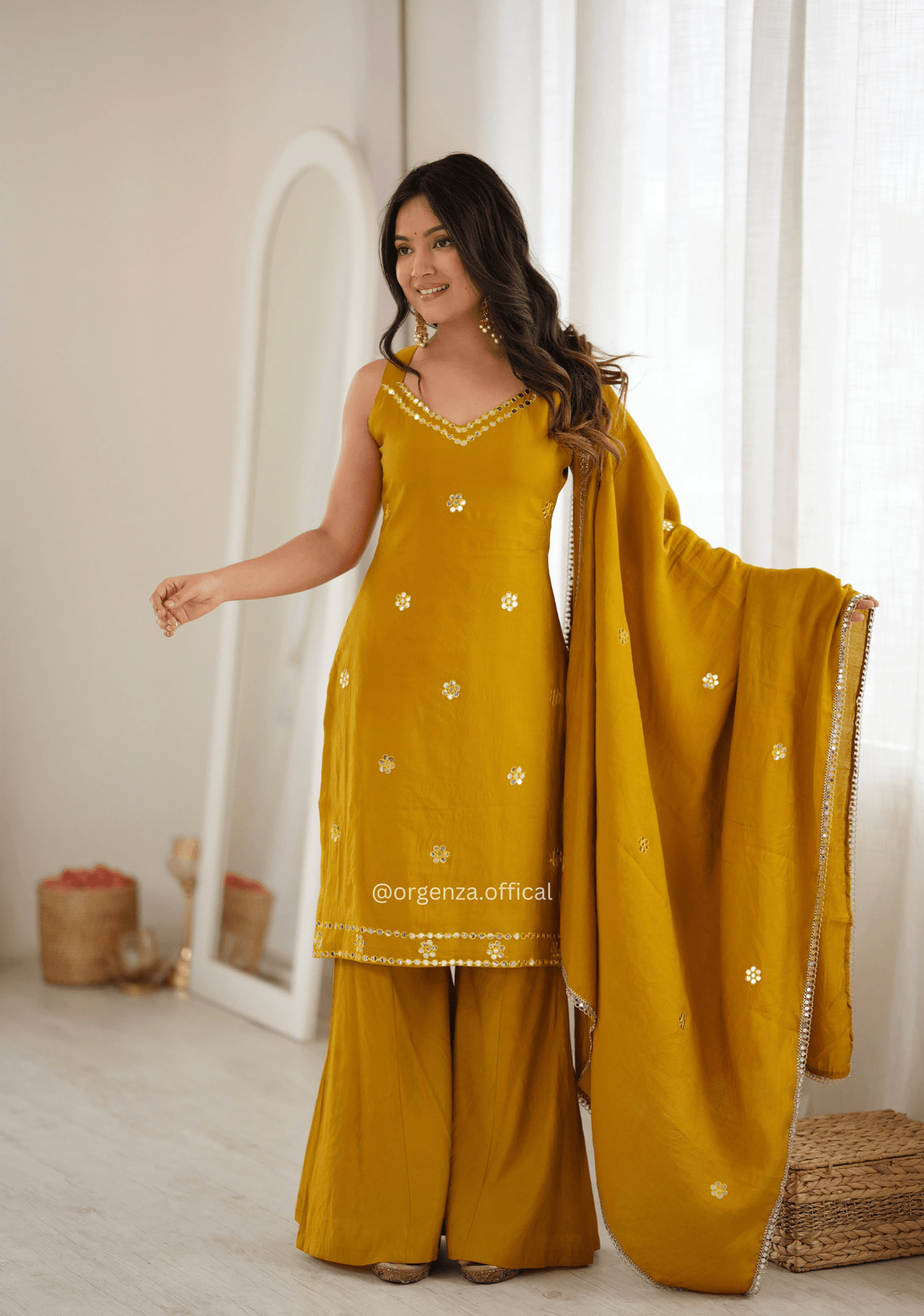 Mustard Yellow Roman Silk Foil Work Palazzo Set