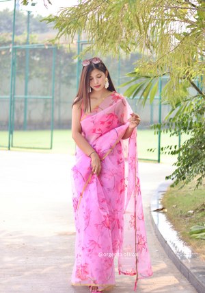 Organza Silk Saree With Floral Thread Work - Orgenza Store