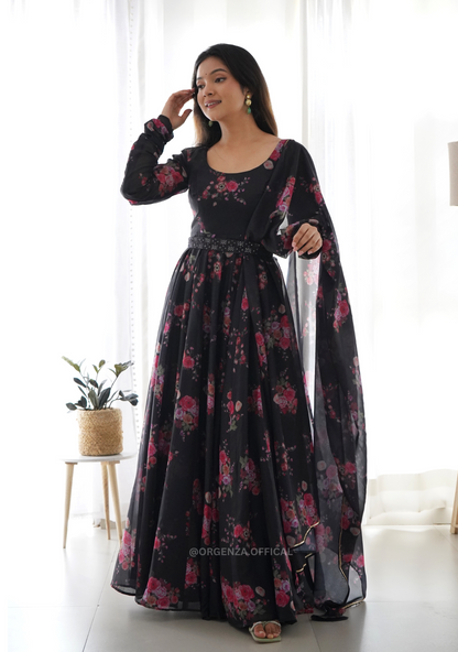 Pure Organza Silk Anarkali With Floral Print - Orgenza Store