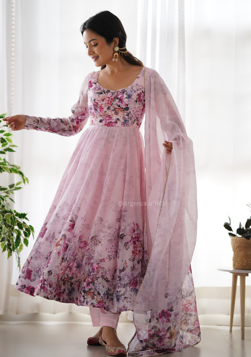Women's Printed Designer Pink Anarkali Suit With Dupatta