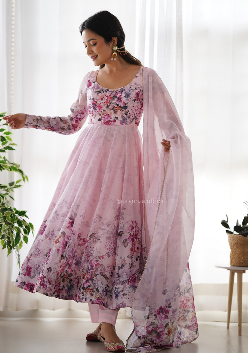 Baby Pink Anarkali With Floral Printed