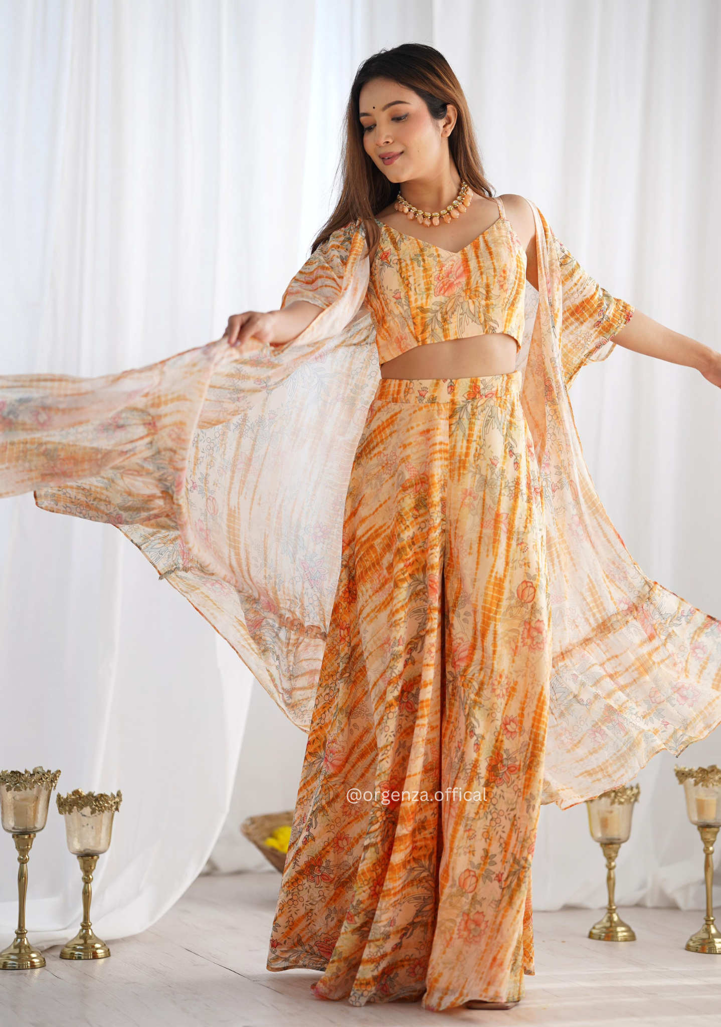 Floral Fox Georgette Indo-Western Shrug Set with Crop Top & Palazzo (3 PCS)