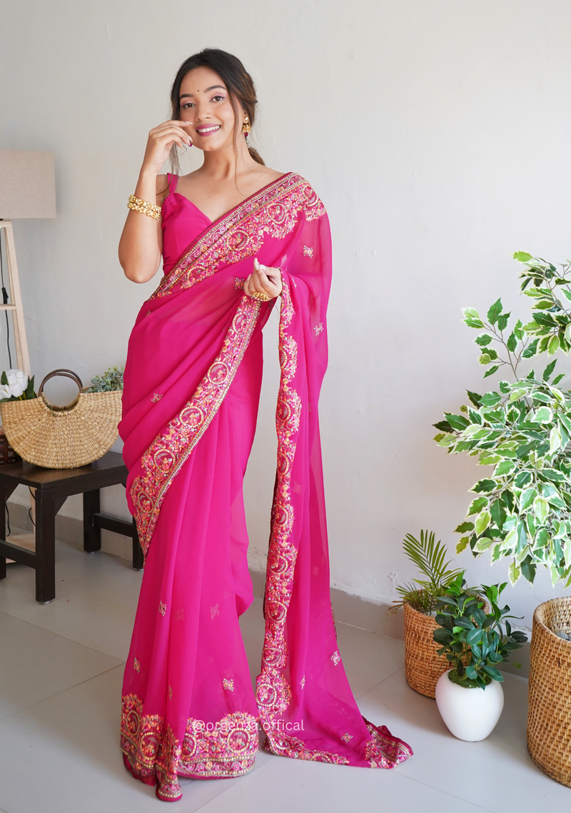 Pink Georgette Silk Saree With Embroidery Work