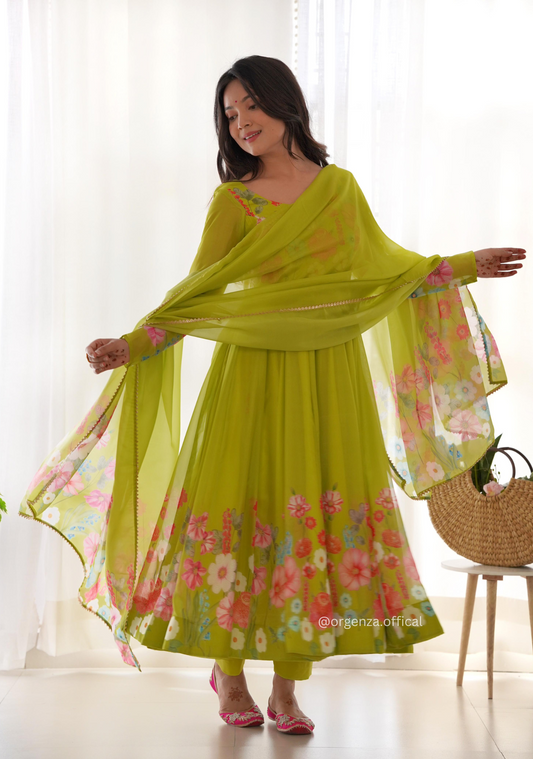 Floral Organza Anarkali With Dupatta And Pant