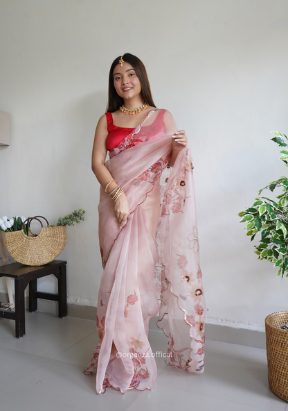 Onion Colour Organza Saree With Handwork