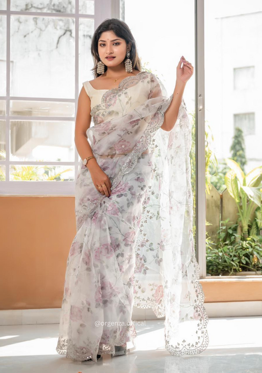 White Organza Saree With Sequences Work - Orgenza Store