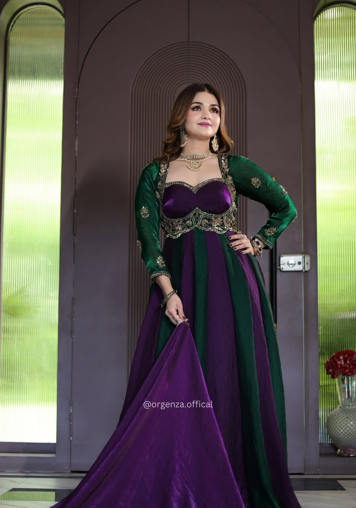 Green and Purple Fandy Silk Anarkali Gown