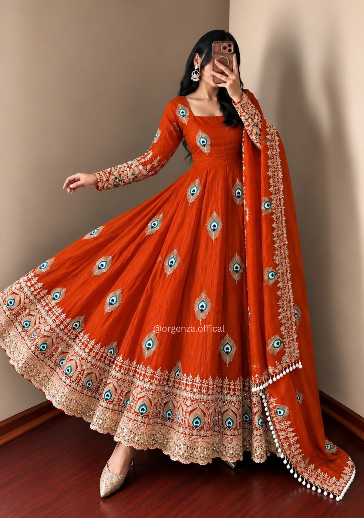 Rust Fendy Silk Sequin Embroidered Gown Set
