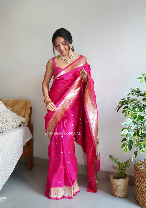 Pure Pink Paithani Silk Saree With Zari Weaving