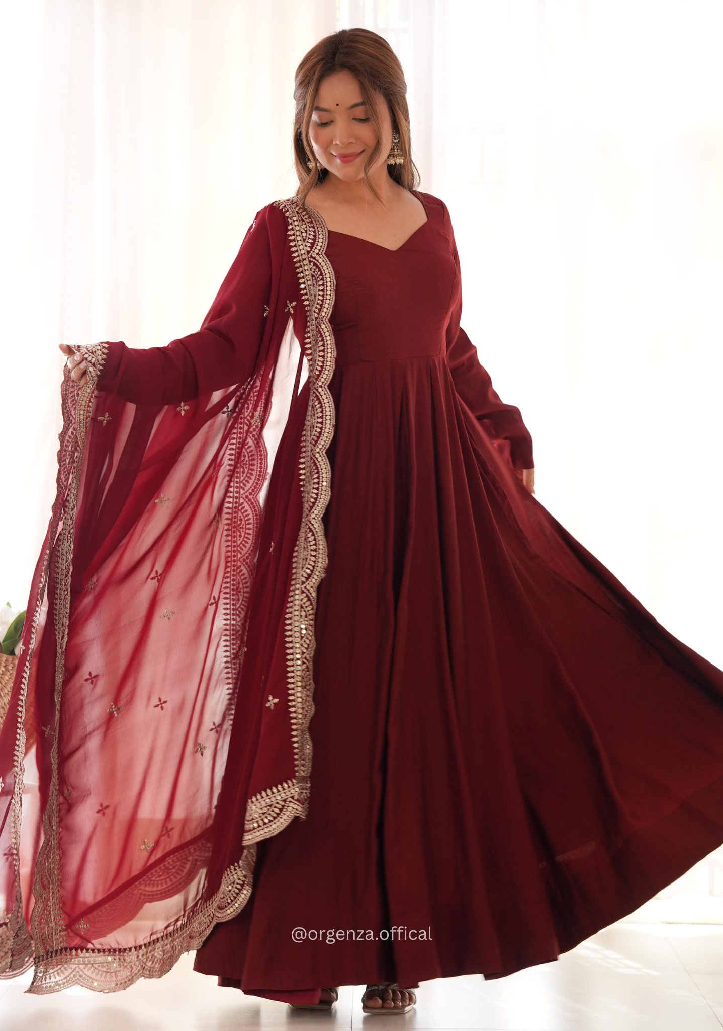 Maroon Colour Roman Silk Chanderi Plain Anarkali Kurti
