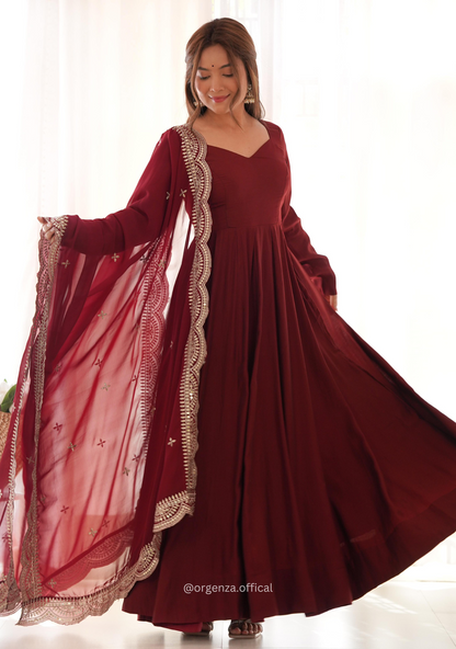 Maroon Colour Roman Silk Chanderi Plain Anarkali Kurti