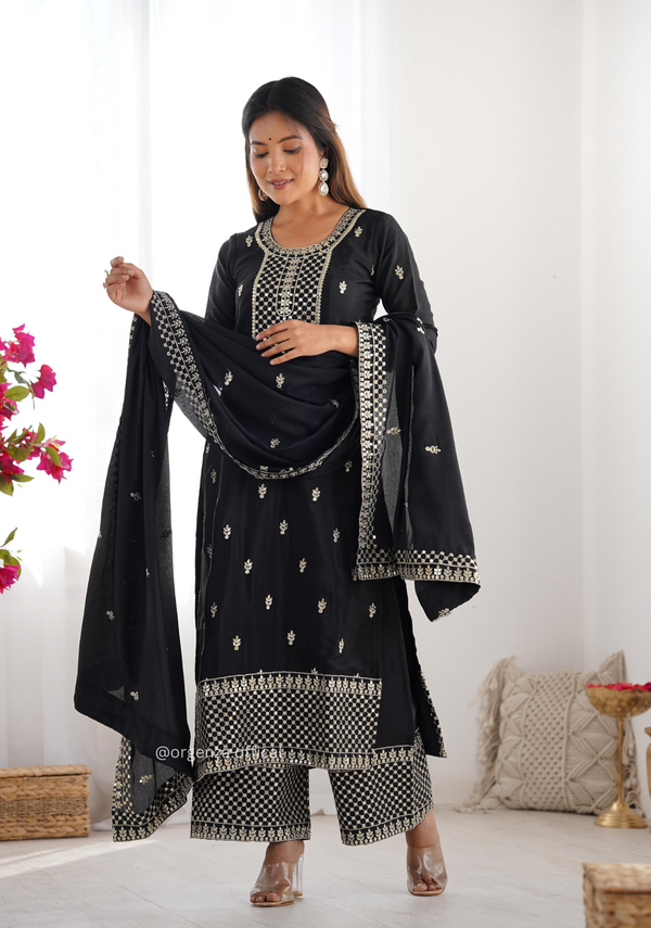 Chinon Silk Fabric Straight Fit Kurta With Dupatta Set