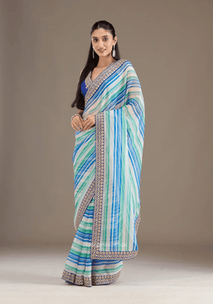 Sky Mutli Colour Chinnon Silk Saree With Embroidery Work - Orgenza Store - digisoch