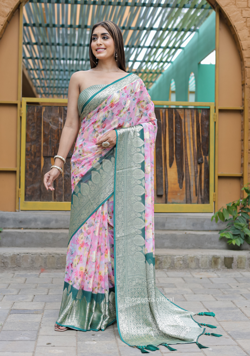 Baby Pink Georgette Saree With Viscose Border