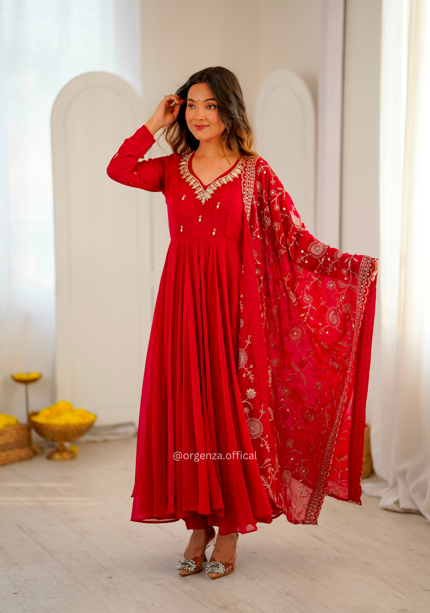 Red Real Mirror Khatli Work Anarkali Suit Set
