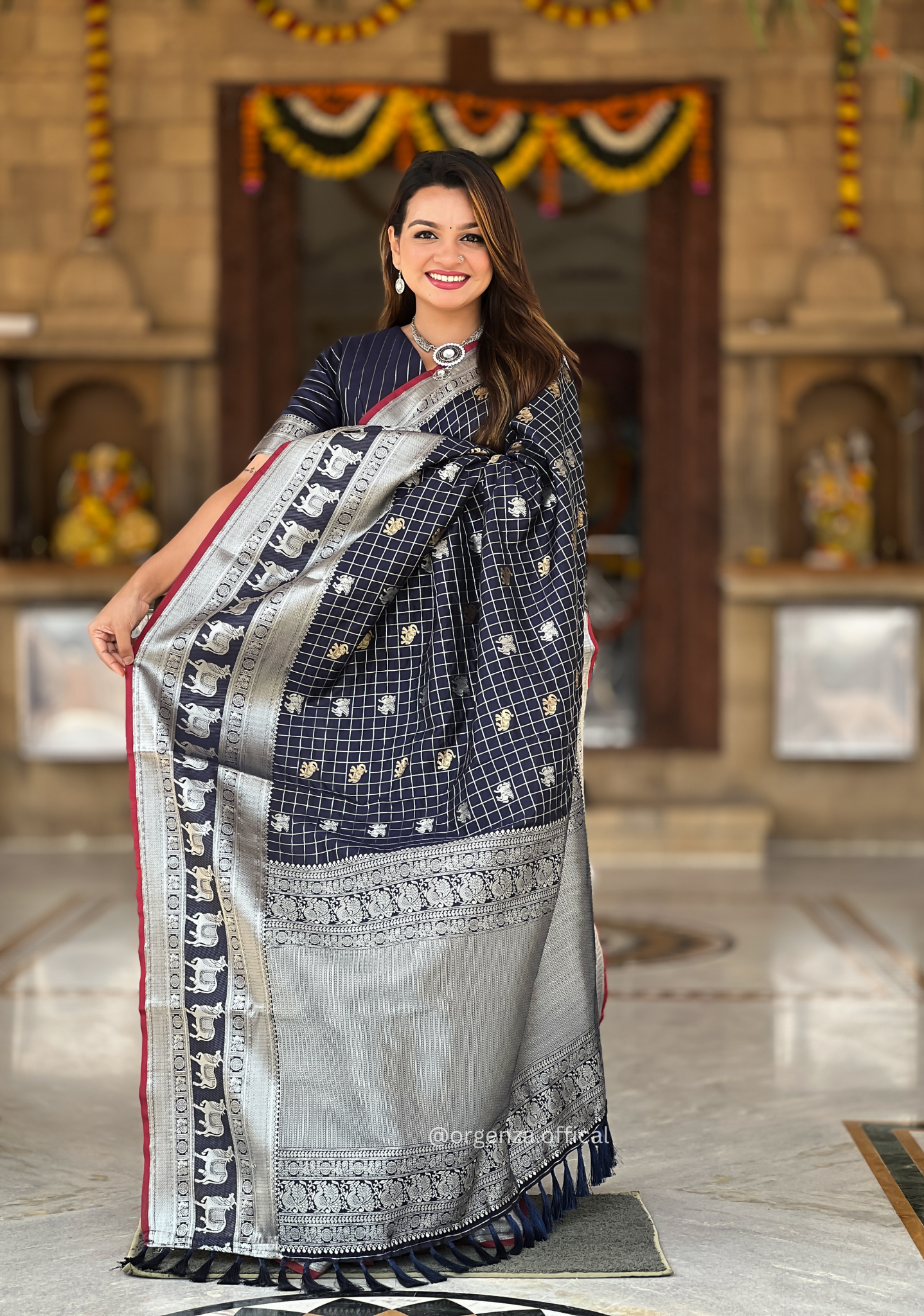Navy Blue Colour Silk Saree With Gold And Silver Zari - Orgenza Store
