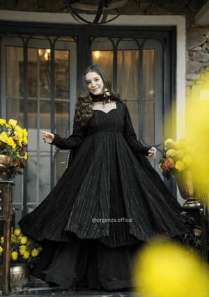 Premium Black Anarkali Sharara Suit Set with Sequins & Zari Embroidery - Orgenza Store