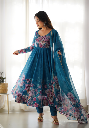 Pure Organza Anarkali Kurtis With Floral Print - Orgenza Store