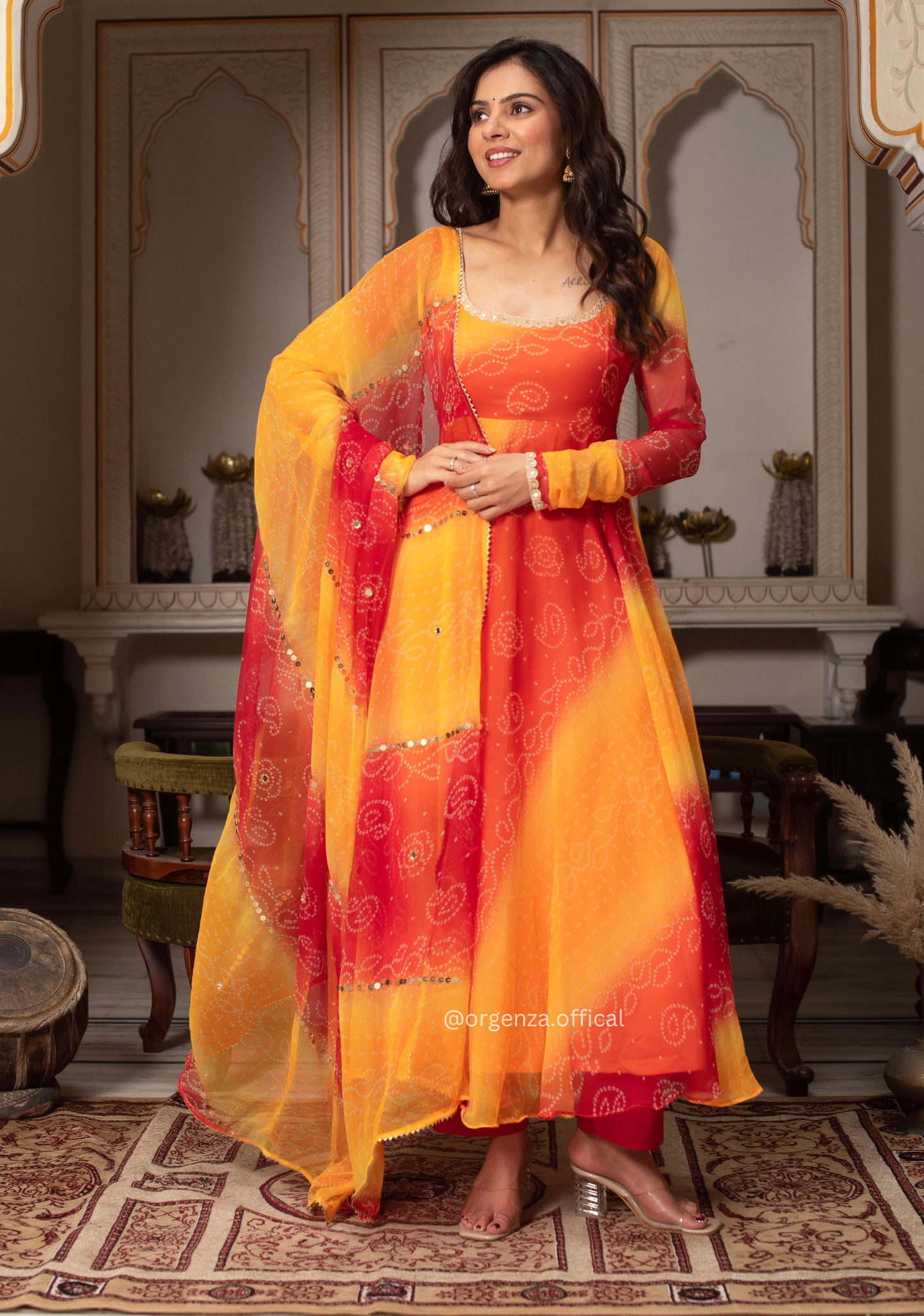 Fox Georgette Chiffon Digital Print Gown Set with Mirror Work Dupatta & Pant