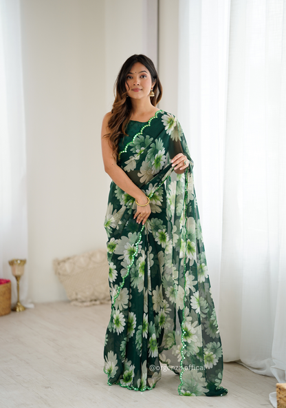 Green Colour Georgette Printed Mirror Saree