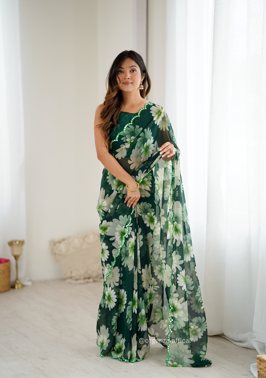 Green Colour Georgette Printed Mirror Saree