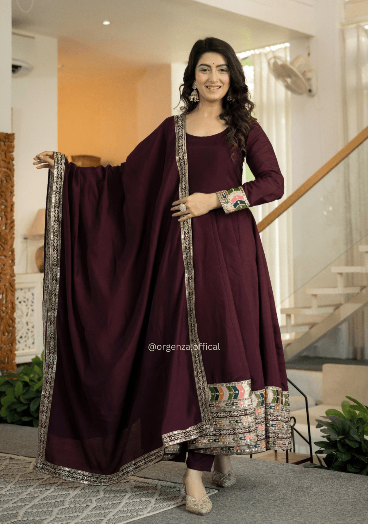 Wine Designer Roman Silk Anarkali Suit Set