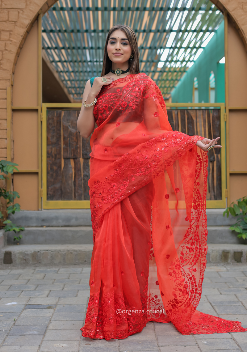 Red Soft Organza Saree With Sequence Work