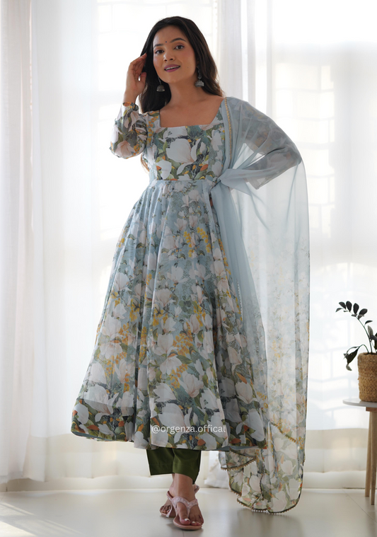 Floral Print Organza Anarkali With Dupatta And Pant - Orgenza Store