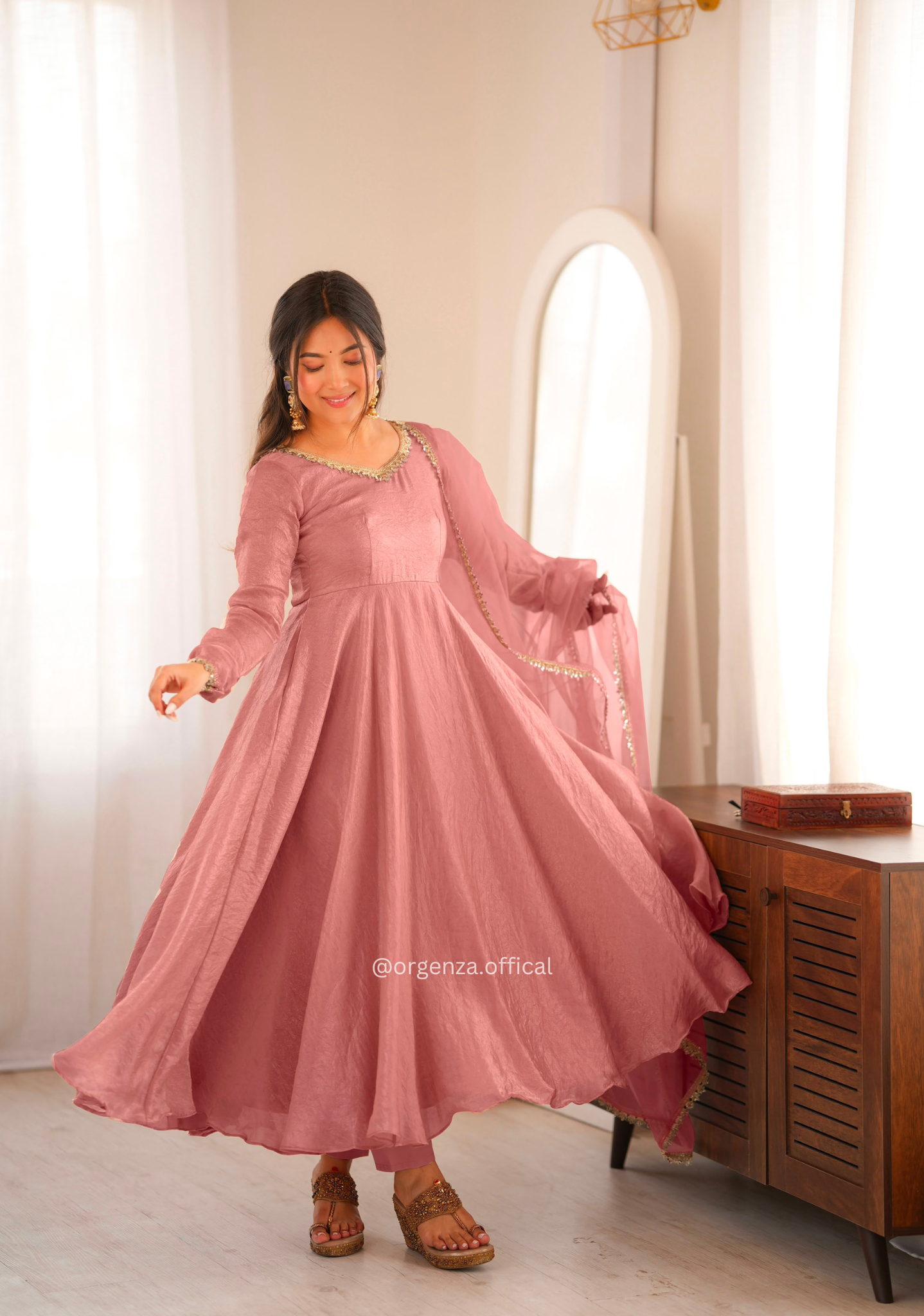 Dusty Rose Crush Mirror Work Gown Set with Butterfly Net Dupatta