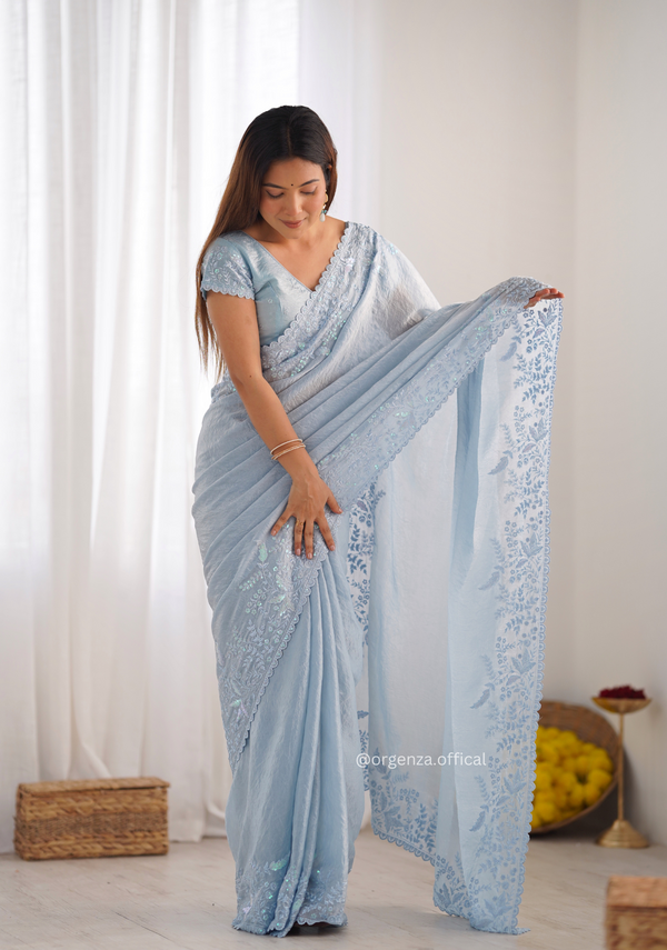 Sky Colour Tissue Silk Saree With Embroidery Work