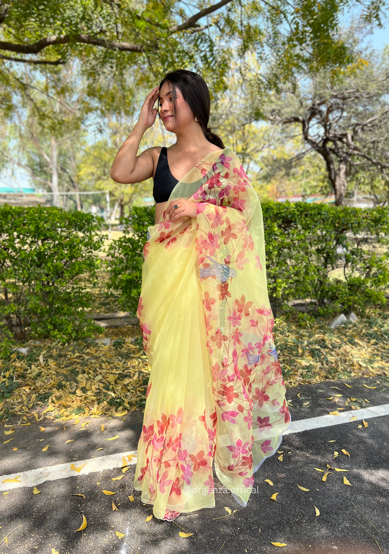 Yellow Digital Print Saree With Handwork