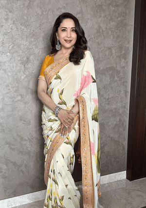 Off White Chinnon Silk Saree With Embroidery Work - Orgenza Store - digisoch