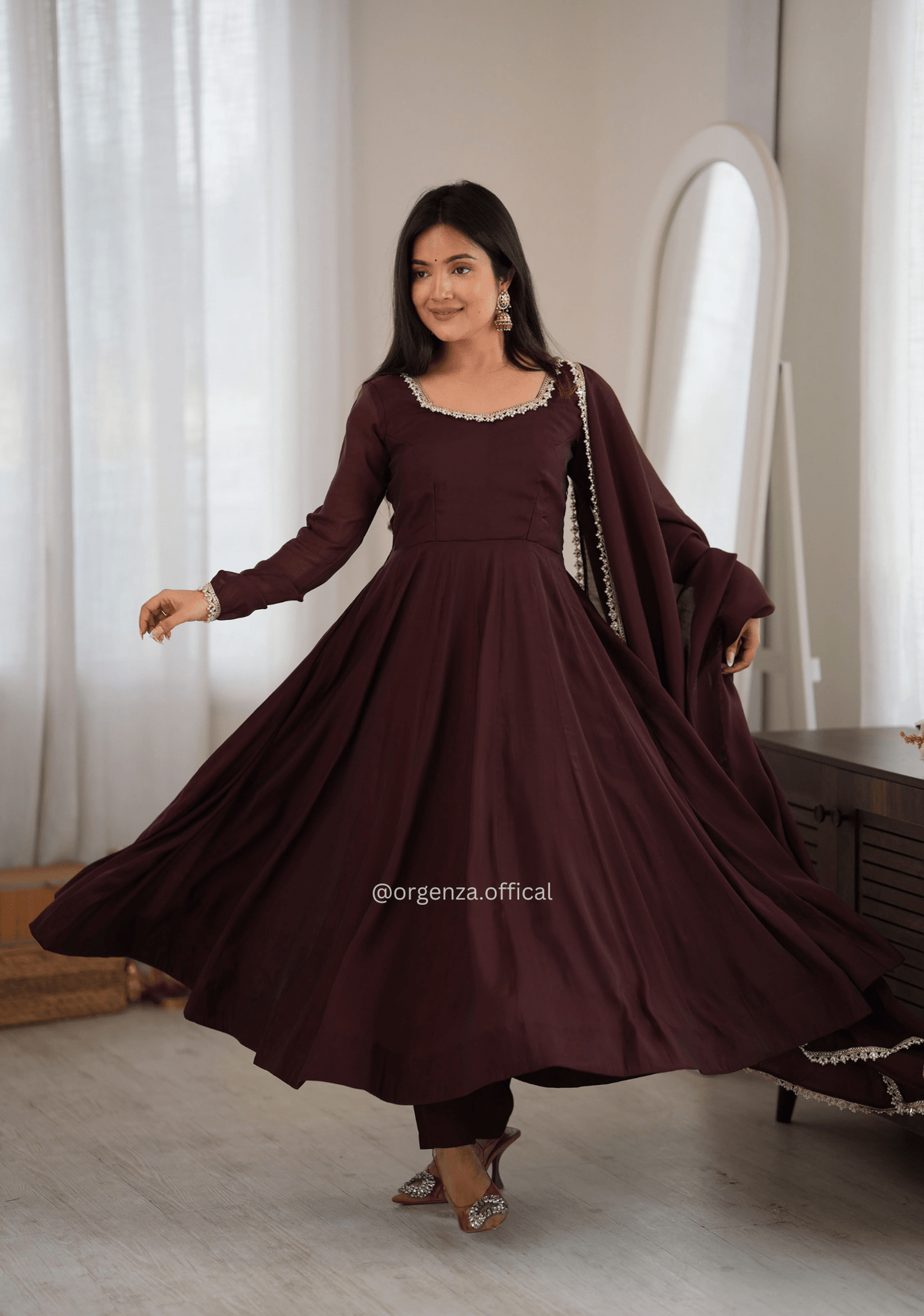 Dark Maroon Pure Mal Chanderi Mirror Work Anarkali Set