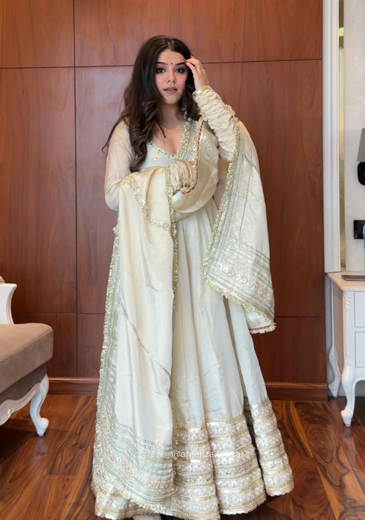 Designer Chinon Silk Embroidery Gown Set with Dupatta & Pant