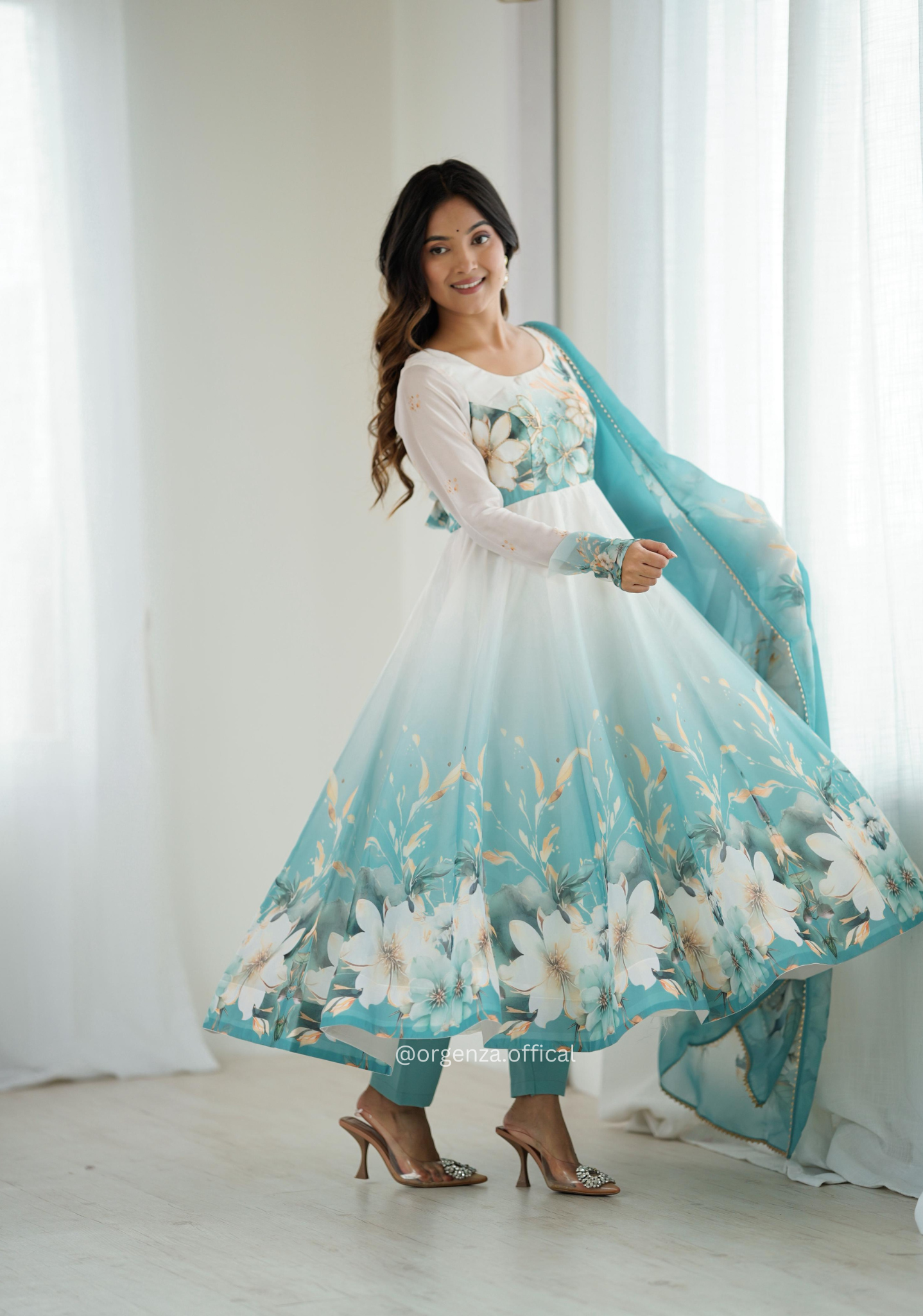 Aqua Blue Colour Organza Anarkali Kurti Set
